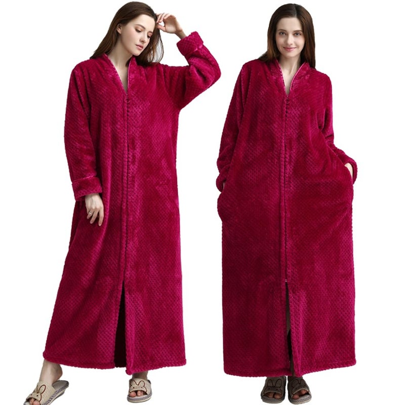 Oksun Womens Fleece Warm Robe: Cozy Flannel Long Zipper Bathrobe - Plush Winter Housecoat Nightgown (Red, Large) - Image 5